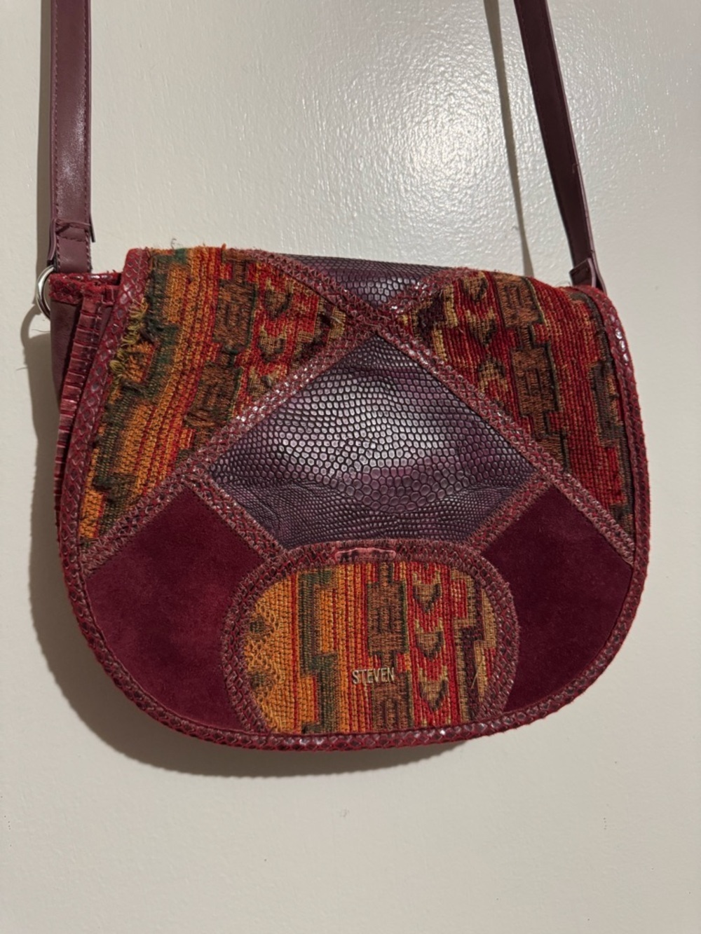 Steven Steve Madden Serape patchwork crossbody saddle bag leather trim